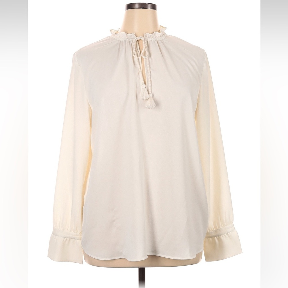 Ann Taylor Ivory Tassel Tie-Neck Ruffle Blouse